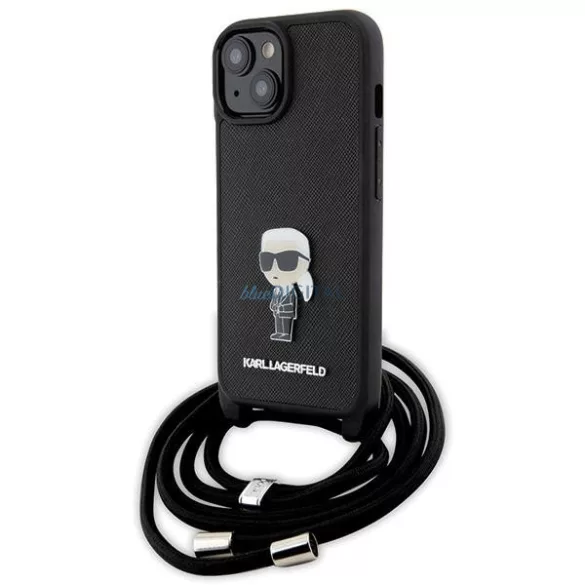 Karl Lagerfeld KLHCP15SSASKNPSK iPhone 15 6.1" keménytok fekete Crossbody Saffiano Monogram Metal Pin Karl & Choupette