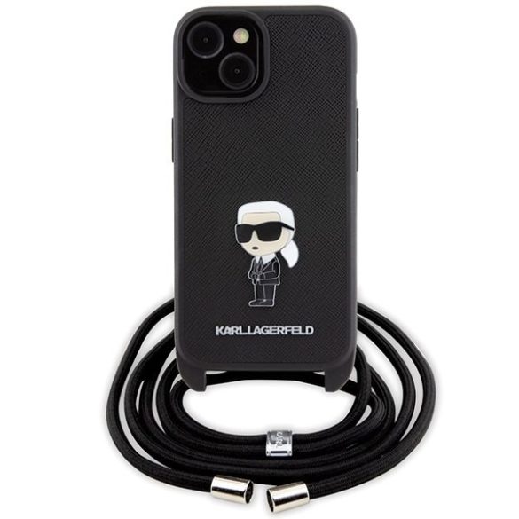 Karl Lagerfeld KLHCP15SSASKNPSK iPhone 15 / 14 / 13 6.1" keménytok fekete Crossbody Saffiano Monogram Metal Pin Karl & Choupette