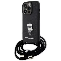   Karl Lagerfeld KLHCP15LSASKNPSK iPhone 15 Pro 6.1" keménytok fekete Crossbody Saffiano Monogram fém kitűző Karl & Choupette