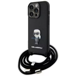   Karl Lagerfeld KLHCP15LSASKNPSK iPhone 15 Pro 6.1" keménytok fekete Crossbody Saffiano Monogram fém kitűző Karl & Choupette