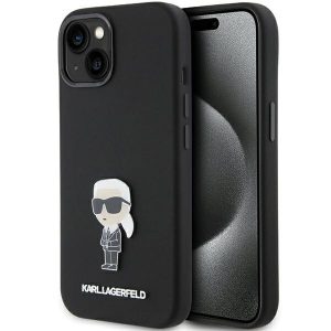 Karl Lagerfeld KLHCP15SSMHKNPK iPhone 15 6.1" fekete szilikon ikonikus fém kitűző tok