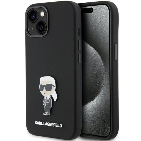 Karl Lagerfeld KLHCP15SSMHKNPK iPhone 15 / 14 / 13 6.1" fekete szilikon ikonikus fém kitűző tok