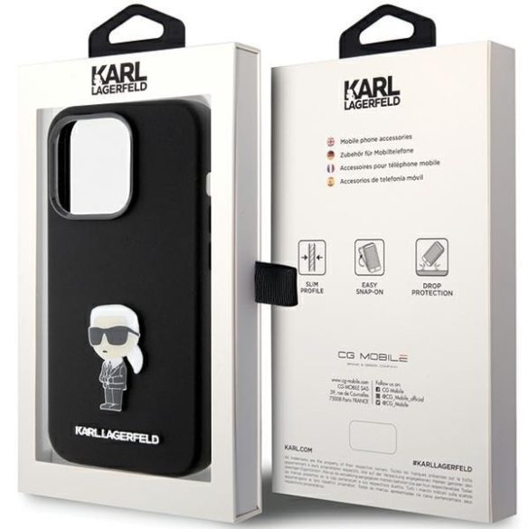Karl Lagerfeld KLHCP15LSMHHKNPK iPhone 15 Pro 6.1" fekete/szilikon ikonikus fém kitűző tok