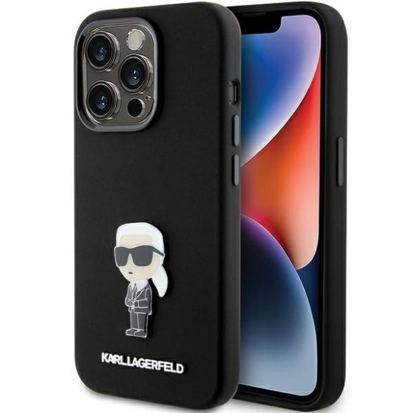 Karl Lagerfeld KLHCP15XSMHKNPK iPhone 15 Pro Max 6.7" fekete Szilikon ikonikus fém kitűző tok