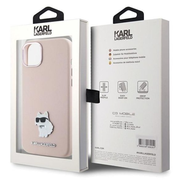 Karl Lagerfeld KLHCP15SSMHCNPP iPhone 15 / 14 / 13 6.1" rózsaszín szilikon kagyló fém kitűző tok