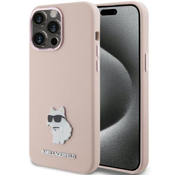 Karl Lagerfeld KLHCP15XSMHCNPP iPhone 15 Pro Max 6.7" rózsaszín Szilikon Choupette fém kitűző tok