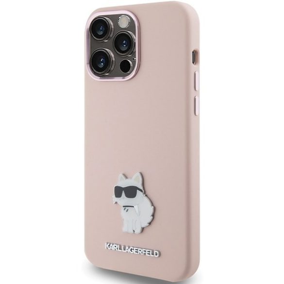 Karl Lagerfeld KLHCP15XSMHCNPP iPhone 15 Pro Max 6.7" rózsaszín Szilikon Choupette fém kitűző tok