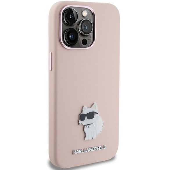 Karl Lagerfeld KLHCP15XSMHCNPP iPhone 15 Pro Max 6.7" rózsaszín Szilikon Choupette fém kitűző tok