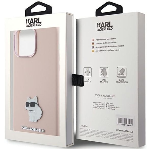 Karl Lagerfeld KLHCP15XSMHCNPP iPhone 15 Pro Max 6.7" rózsaszín Szilikon Choupette fém kitűző tok