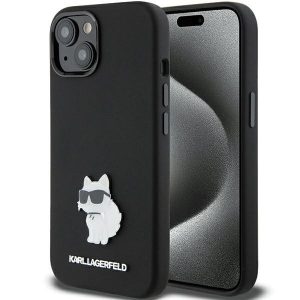 Karl Lagerfeld KLHCP15SSMHCNPK iPhone 15 / 14 / 13 6.1" fekete szilikon Choupette fém kitűző tok