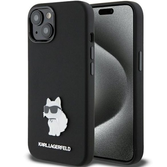 Karl Lagerfeld KLHCP15SSMHCNPK iPhone 15 / 14 / 13 6.1" fekete szilikon Choupette fém kitűző tok