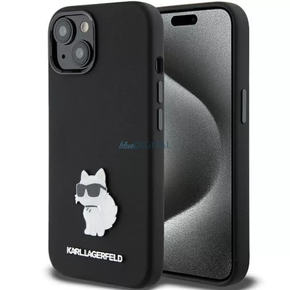 Karl Lagerfeld KLHCP15MSMHCNPK iPhone 15 Plus 6.7" fekete szilikon Choupette fém kitűzős tok