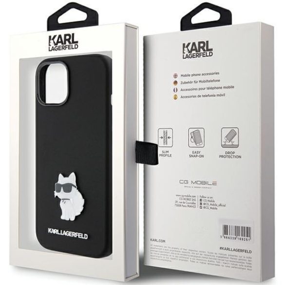 Karl Lagerfeld KLHCP15MSMHCNPK iPhone 15 Plus / 14 Plus 6.7" fekete szilikon Choupette fém kitűzős tok