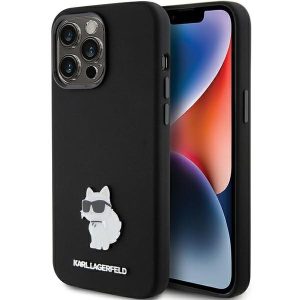 Karl Lagerfeld KLHCP15XSMHCNPK iPhone 15 Pro Max 6.7" fekete Szilikon Choupette fém kitűző tok