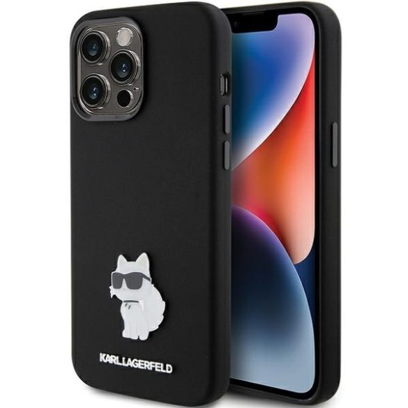 Karl Lagerfeld KLHCP15XSMHCNPK iPhone 15 Pro Max 6.7" fekete Szilikon Choupette fém kitűző tok