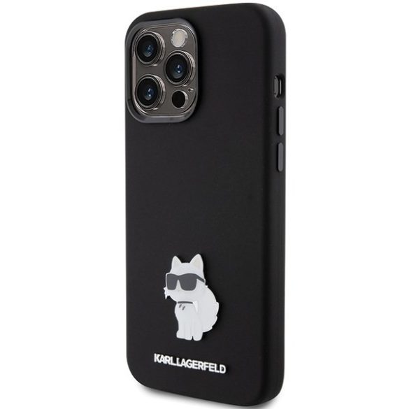 Karl Lagerfeld KLHCP15XSMHCNPK iPhone 15 Pro Max 6.7" fekete Szilikon Choupette fém kitűző tok