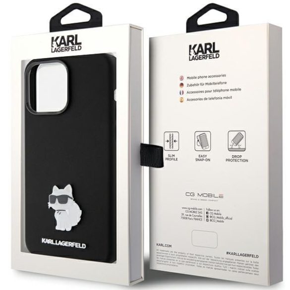 Karl Lagerfeld KLHCP15XSMHCNPK iPhone 15 Pro Max 6.7" fekete Szilikon Choupette fém kitűző tok