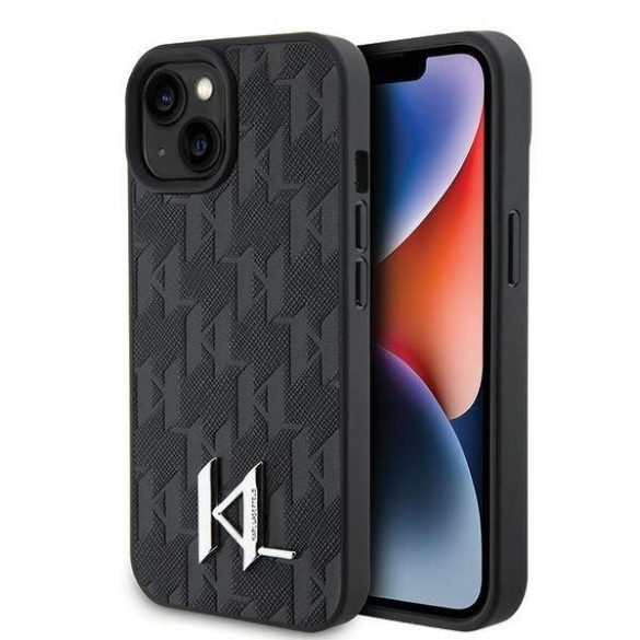 Karl Lagerfeld KLHCP15SPKLPKLK iPhone 15 / 14 / 13 6.1" fekete keménytok bőr fém monogram logóval