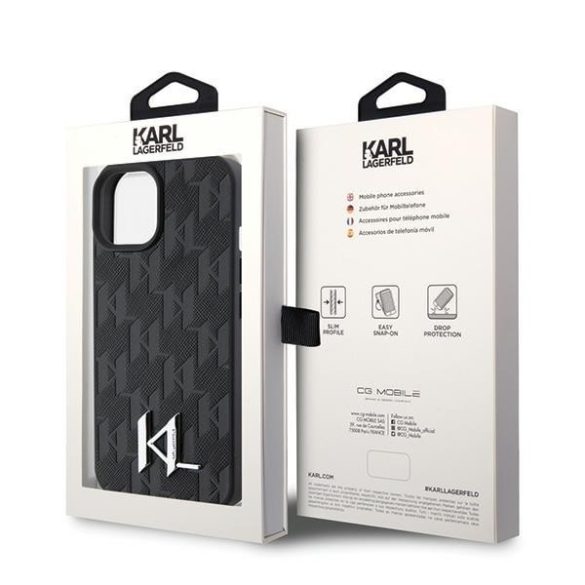 Karl Lagerfeld KLHCP15SPKLPKLK iPhone 15 / 14 / 13 6.1" fekete keménytok bőr fém monogram logóval