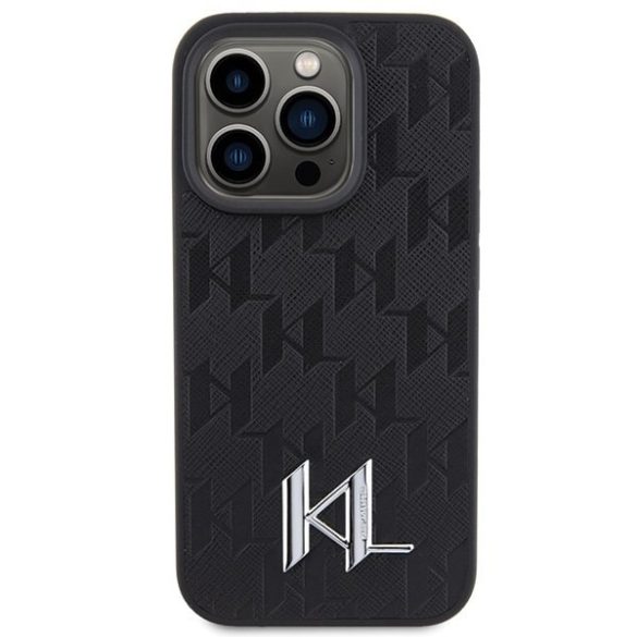 Karl Lagerfeld KLHCP15LPKLPKLK iPhone 15 Pro 6.1" fekete bőr tok bőr monogram fém bélyegző fém logóval