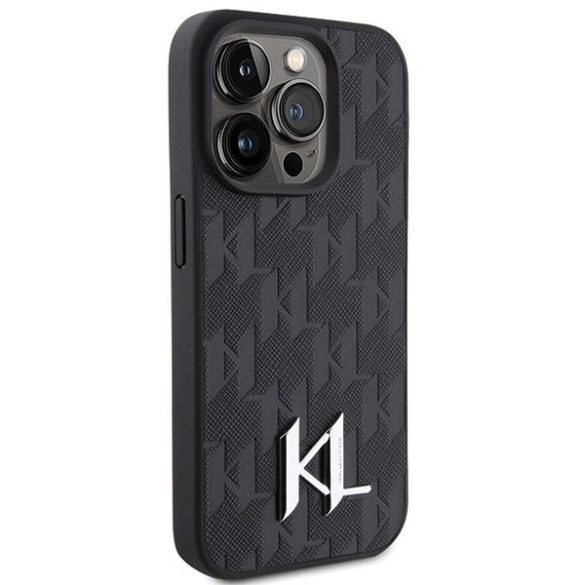 Karl Lagerfeld KLHCP15LPKLPKLK iPhone 15 Pro 6.1" fekete bőr tok bőr monogram fém bélyegző fém logóval