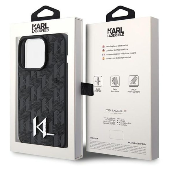 Karl Lagerfeld KLHCP15LPKLPKLK iPhone 15 Pro 6.1" fekete bőr tok bőr monogram fém bélyegző fém logóval