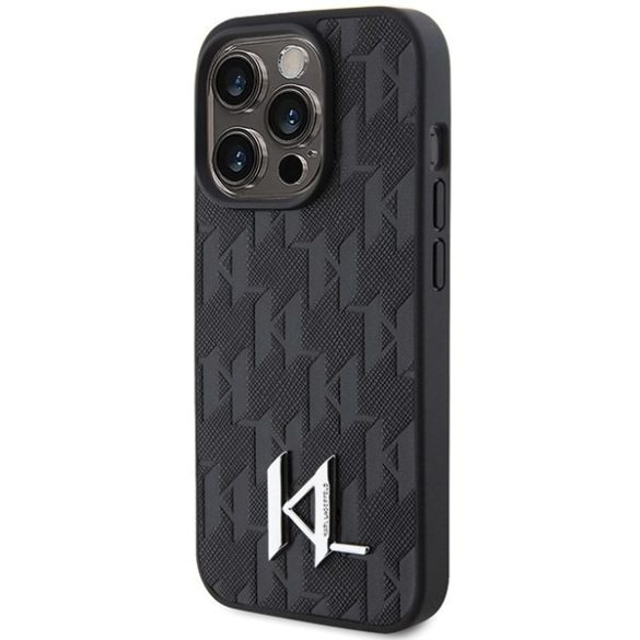Karl Lagerfeld KLHCP15XPKLPKLPKLK iPhone 15 Pro Max 6.7" fekete bőr monogramos keménytok, fém bélyegző, fém logóval