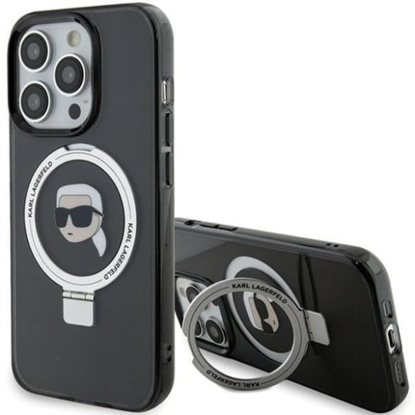 Karl Lagerfeld KLHMP15LHMRSKHHK iPhone 15 Pro 6.1" fekete keménytok gyűrűs állvány Karl Head MagSafe