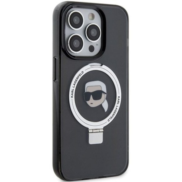 Karl Lagerfeld KLHMP15XHMRSKSKHK iPhone 15 Pro Max 6.7" fekete keménytok gyűrűs állvány Karl Head MagSafe