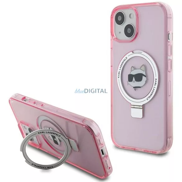 Karl Lagerfeld KLHMP15SHMRSCHP iPhone 15 6.1" rózsaszín keménytok gyűrűs állvány Choupette Head MagSafe