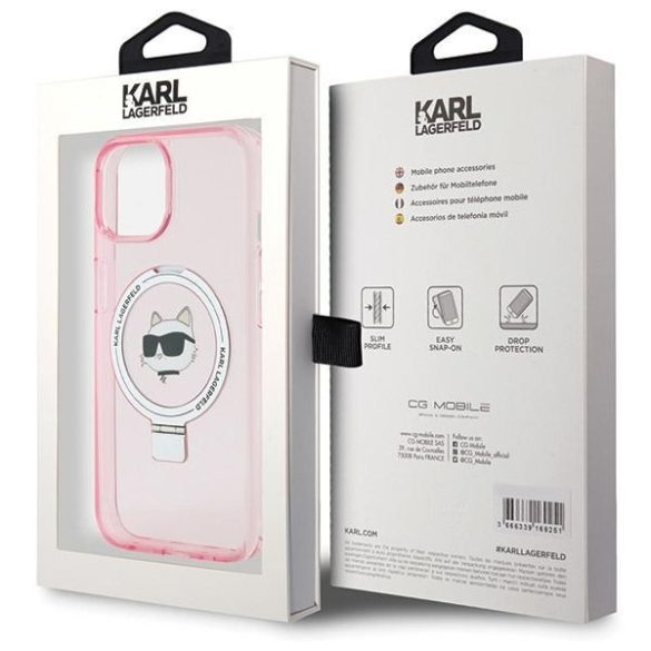 Karl Lagerfeld KLHMP15SHMRSCHP iPhone 15 / 14 / 13 6.1" rózsaszín keménytok gyűrűs állvány Choupette Head MagSafe