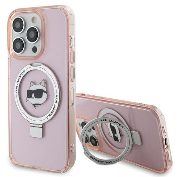 Karl Lagerfeld KLHMP15LHMRSCHP iPhone 15 Pro 6.1" rózsaszín keménytok gyűrűs állvány Choupette Head MagSafe