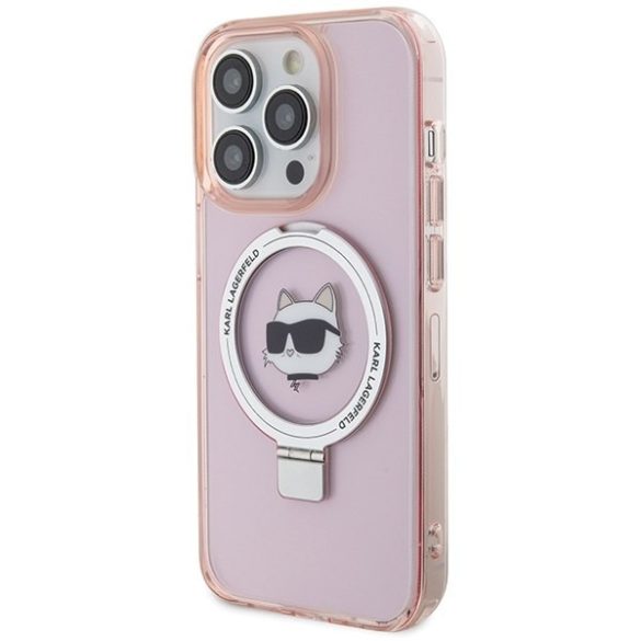 Karl Lagerfeld KLHMP15LHMRSCHP iPhone 15 Pro 6.1" rózsaszín keménytok gyűrűs állvány Choupette Head MagSafe