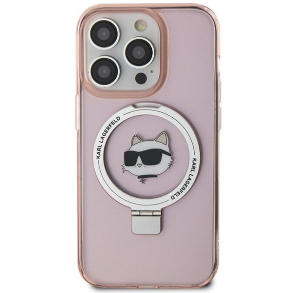 Karl Lagerfeld KLHMP15LHMRSCHP iPhone 15 Pro 6.1" rózsaszín keménytok gyűrűs állvány Choupette Head MagSafe