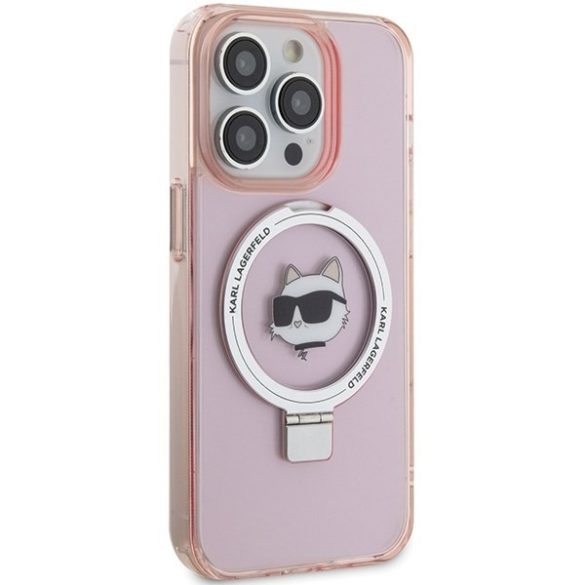 Karl Lagerfeld KLHMP15XHMRSCHP iPhone 15 Pro Max 6.7" rózsaszín keménytok gyűrűs állvány Choupette fej MagSafe