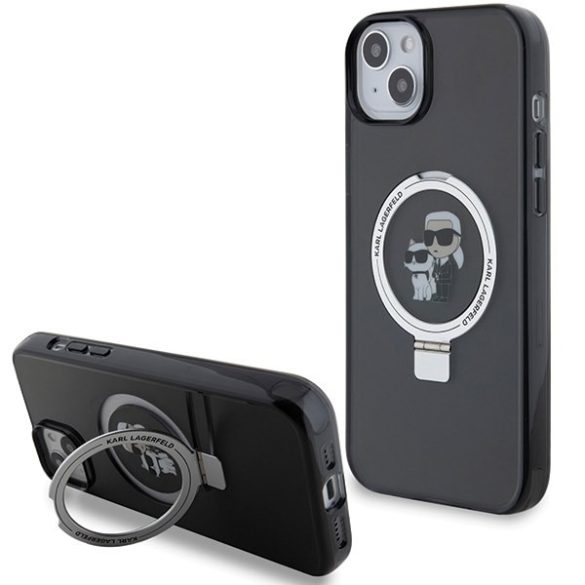 Karl Lagerfeld KLHMP15SHMRSKCK iPhone 15 / 14 / 13 6.1" fekete keménytok gyűrűs állvány Karl&Choupettte MagSafe