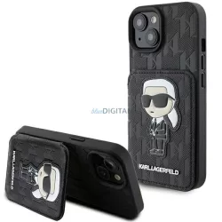   Karl Lagerfeld KLHCP15SSAKKNSCK iPhone 15 6.1" fekete keménytok Saffiano kártyatartóval és támasztóval monogram ikonikus