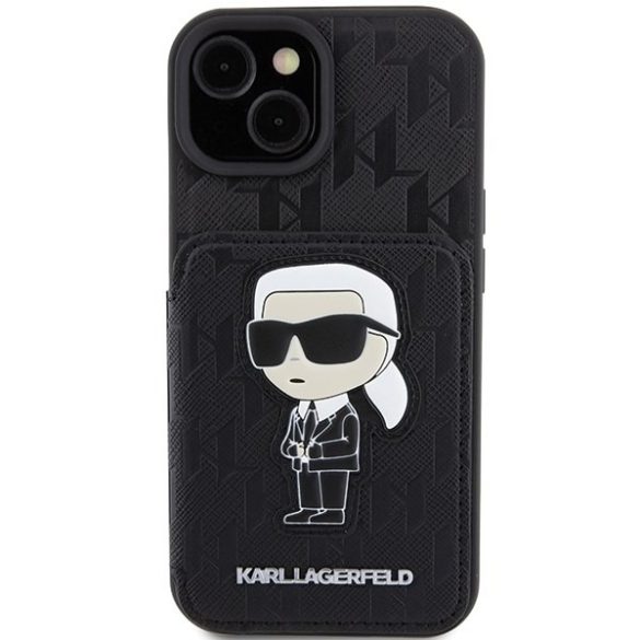 Karl Lagerfeld KLHCP15SSAKKNSCK iPhone 15 / 14 / 13 6.1" fekete keménytok Saffiano kártyatartóval és támasztóval monogram ikonikus