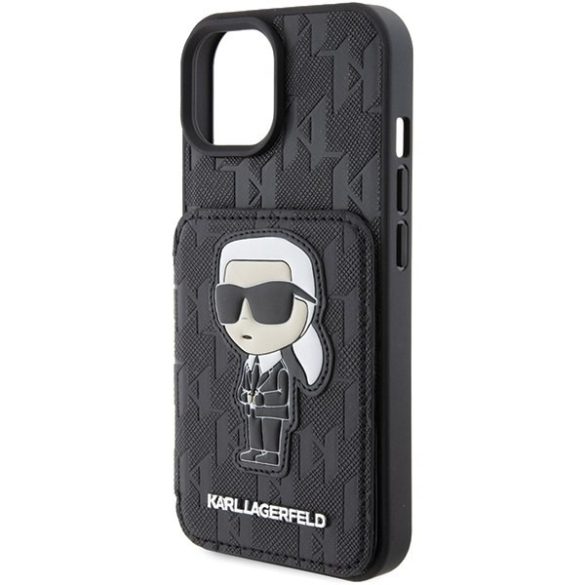 Karl Lagerfeld KLHCP15SSAKKNSCK iPhone 15 / 14 / 13 6.1" fekete keménytok Saffiano kártyatartóval és támasztóval monogram ikonikus