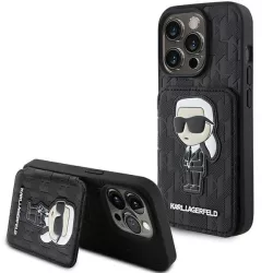   Karl Lagerfeld KLHCP15LSAKKNSCK iPhone 15 Pro 6.1" fekete keménytok Saffiano kártyatartóvalek és állvány monogram ikonikus Patch