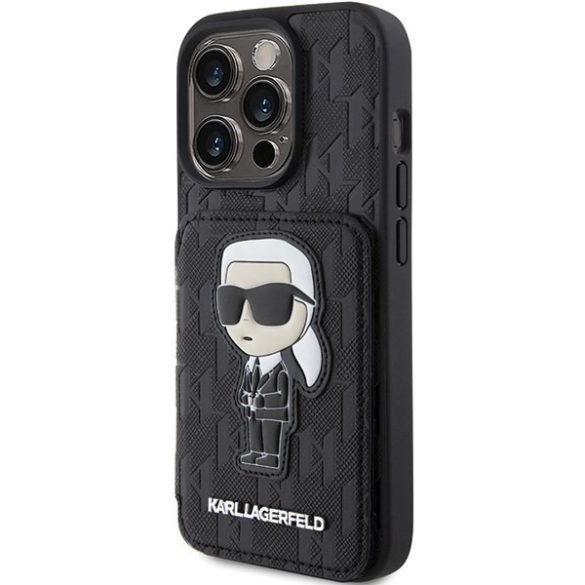 Karl Lagerfeld KLHCP15LSAKKNSCK iPhone 15 Pro 6.1" fekete keménytok Saffiano kártyatartóvalek és állvány monogram ikonikus Patch