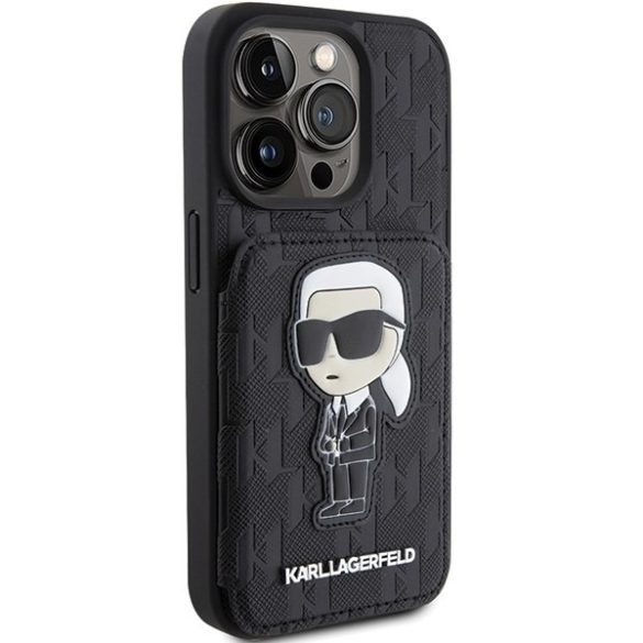 Karl Lagerfeld KLHCP15LSAKKNSCK iPhone 15 Pro 6.1" fekete keménytok Saffiano kártyatartóvalek és állvány monogram ikonikus Patch