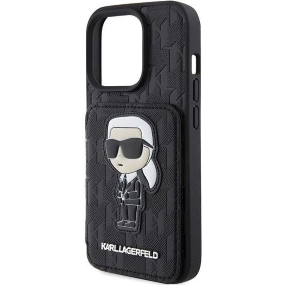 Karl Lagerfeld KLHCP15LSAKKNSCK iPhone 15 Pro 6.1" fekete keménytok Saffiano kártyatartóvalek és állvány monogram ikonikus Patch