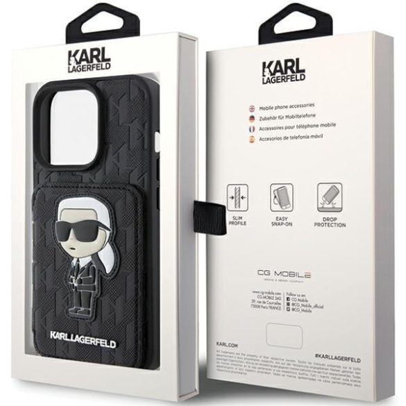 Karl Lagerfeld KLHCP15LSAKKNSCK iPhone 15 Pro 6.1" fekete keménytok Saffiano kártyatartóvalek és állvány monogram ikonikus Patch