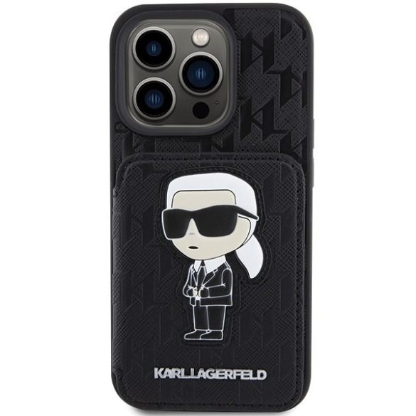Karl Lagerfeld KLHCP15XSAKKNSCK iPhone 15 Pro Max 6.7" fekete keménytok Saffiano kártyatartóvalek és állvány monogram ikonikus Patch