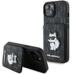 Karl Lagerfeld KLHCP15SSAKCNSCK iPhone 15 / 14 / 13 6.1" fekete keménytok Saffiano kártyatartóval és támasztóval Monogram Choupette