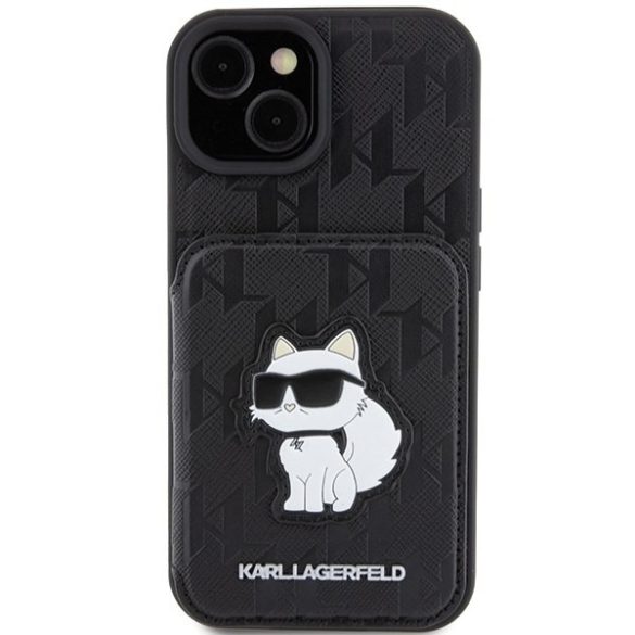 Karl Lagerfeld KLHCP15SSAKCNSCK iPhone 15 / 14 / 13 6.1" fekete keménytok Saffiano kártyatartóval és támasztóval Monogram Choupette