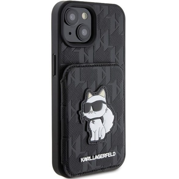 Karl Lagerfeld KLHCP15SSAKCNSCK iPhone 15 / 14 / 13 6.1" fekete keménytok Saffiano kártyatartóval és támasztóval Monogram Choupette