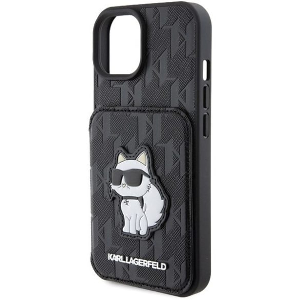 Karl Lagerfeld KLHCP15SSAKCNSCK iPhone 15 / 14 / 13 6.1" fekete keménytok Saffiano kártyatartóval és támasztóval Monogram Choupette