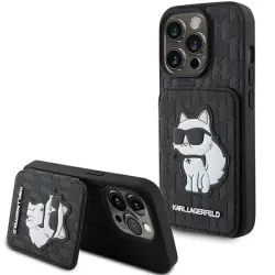   Karl Lagerfeld KLHCP15LSAKCNSCK iPhone 15 Pro 6.1" fekete keménytok Saffiano kártyatartóvalek és állvány Monogram Choupette